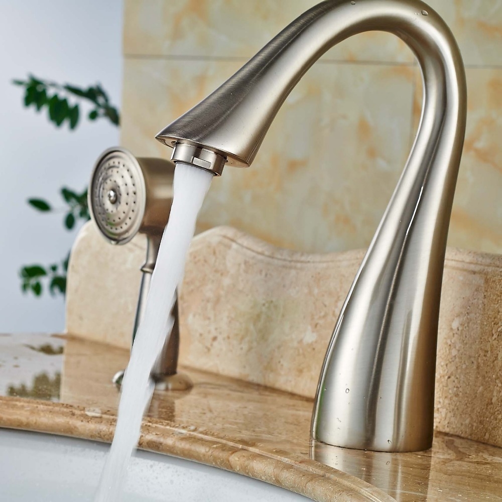 LACONIAN BRUSHED NICKEL BATHROOM SINK FAUCET WITH HANDHELD SHOWER